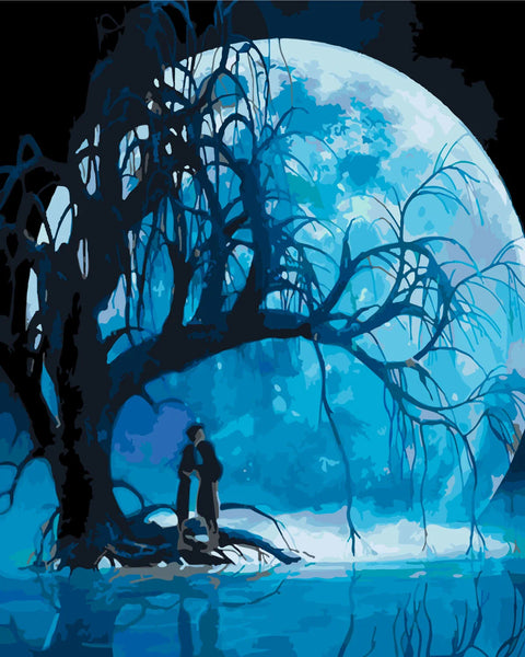 Silhouetted couple under eerie tree with glowing blue full moon