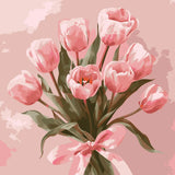 A bouquet of pink tulips tied with a delicate ribbon