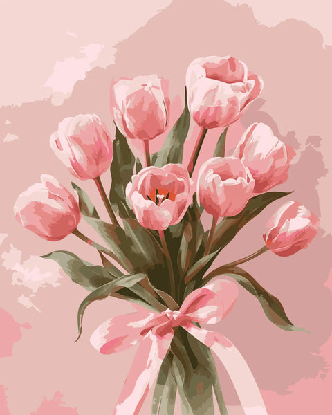 A bouquet of pink tulips tied with a delicate ribbon