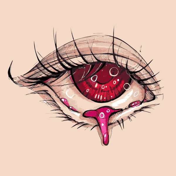 Red glossy eye with long lashes and dripping pink blush on a nude background, surreal and emotional design by Kalinina for the Blushblood paint by numbers kit.