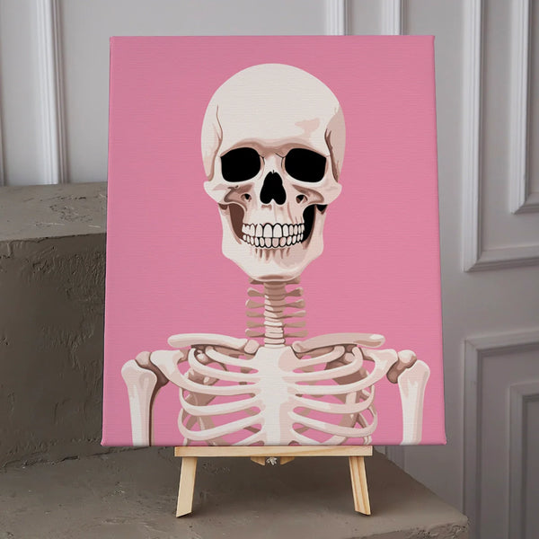 A detailed skeleton with a pink background and a grin