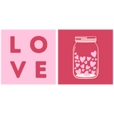 Pink love-themed artwork with text and a jar of hearts