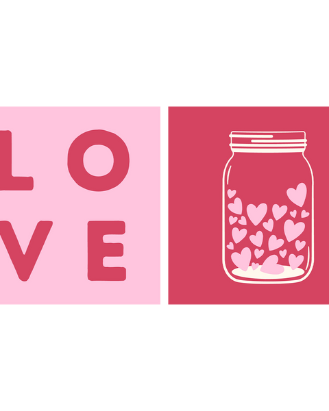 Pink love-themed artwork with text and a jar of hearts