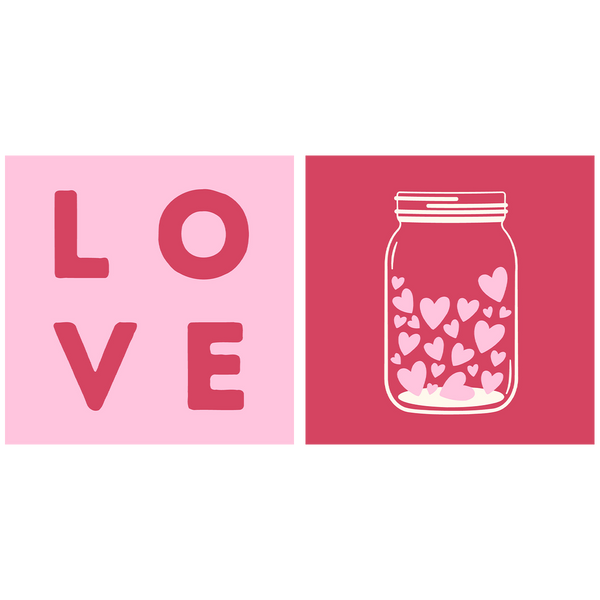 Pink love-themed artwork with text and a jar of hearts