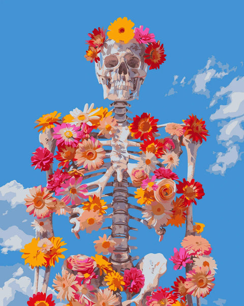 Skeleton adorned with colorful flowers against a bright blue sky