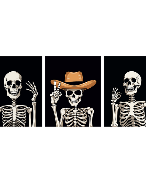 Three skeletons posing, one wearing a cowboy hat, on black background.
