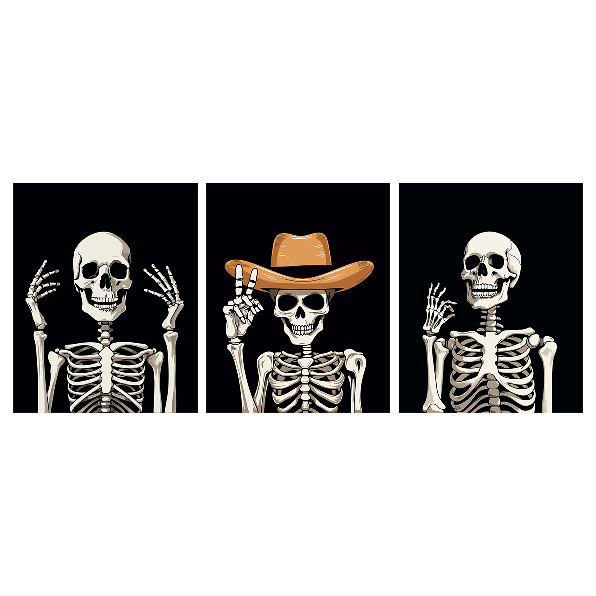 Three skeletons posing, one wearing a cowboy hat, on black background.