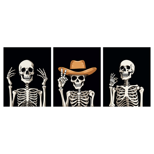 Three skeletons posing, one wearing a cowboy hat, on black background.