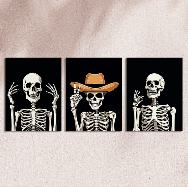 Three skeletons posing, one wearing a cowboy hat, on black background.