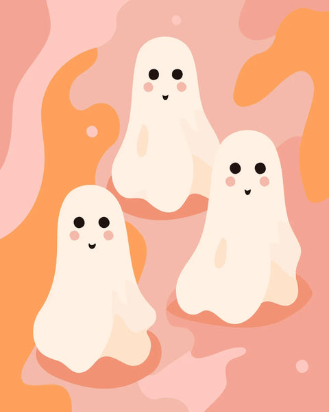 Three cute cartoon ghosts floating on a pastel abstract background.