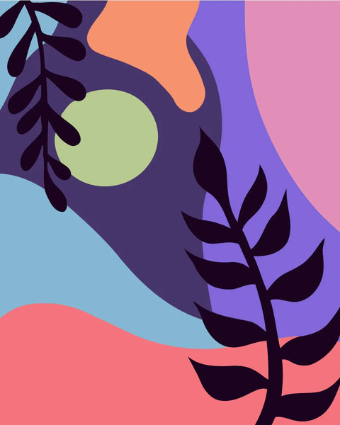 Abstract painting with colorful organic shapes and dark leafy silhouettes.