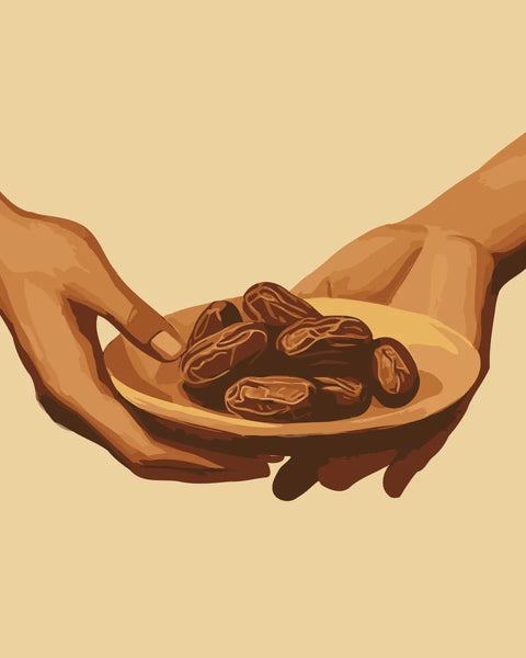 Two hands passing a plate of dates, symbolizing the Iftar tradition, featured in the Breaking the Fast paint by numbers kit.
