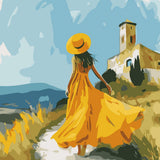 Painting of a woman in a flowing yellow dress walking outdoors
