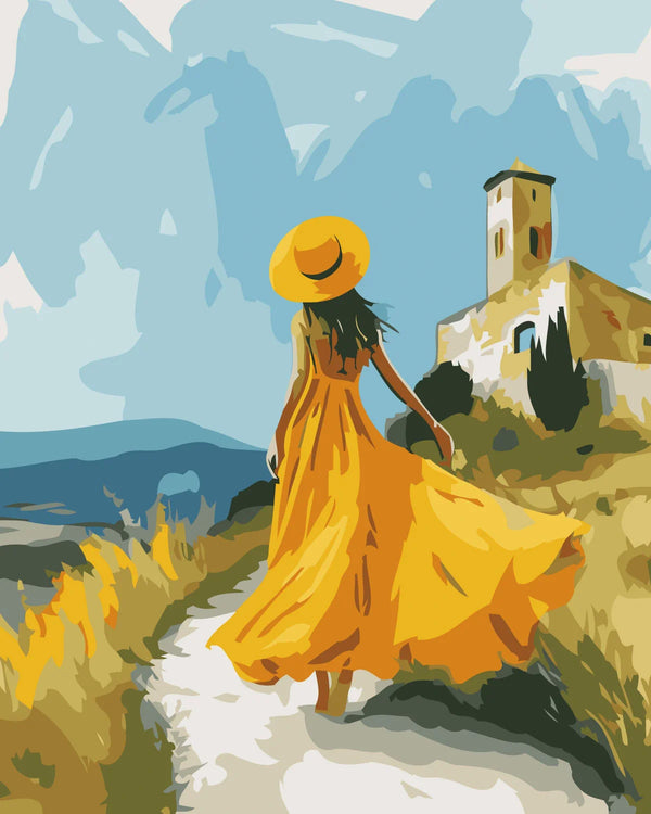 Painting of a woman in a flowing yellow dress walking outdoors