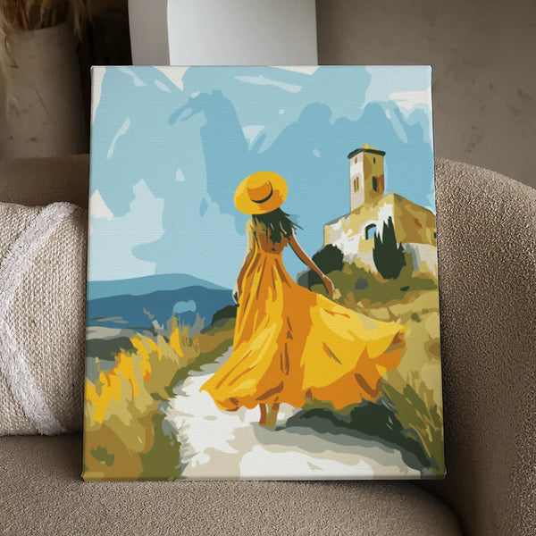Painting of a woman in a flowing yellow dress walking outdoors