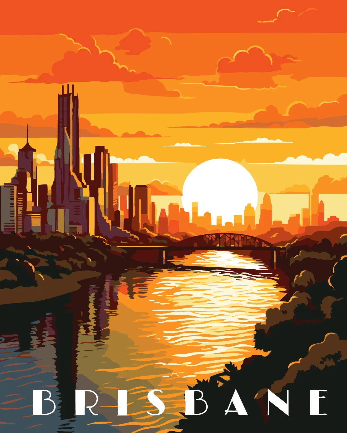 Painting of Brisbane skyline at sunset with river and bridge
