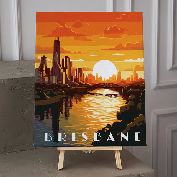 Painting of Brisbane skyline at sunset with river and bridge