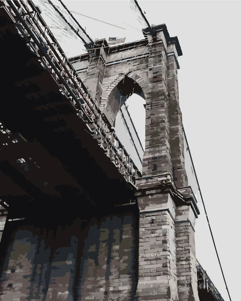 Painting of Brooklyn Bridge from a low-angle perspective in grayscale