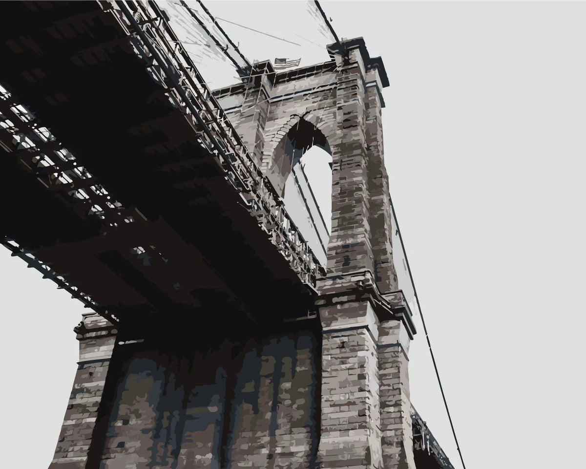 Painting of Brooklyn Bridge from a low-angle perspective in grayscale