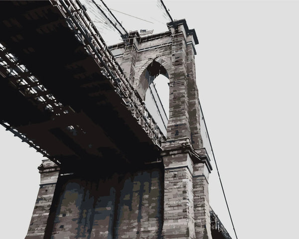 Painting of Brooklyn Bridge from a low-angle perspective in grayscale
