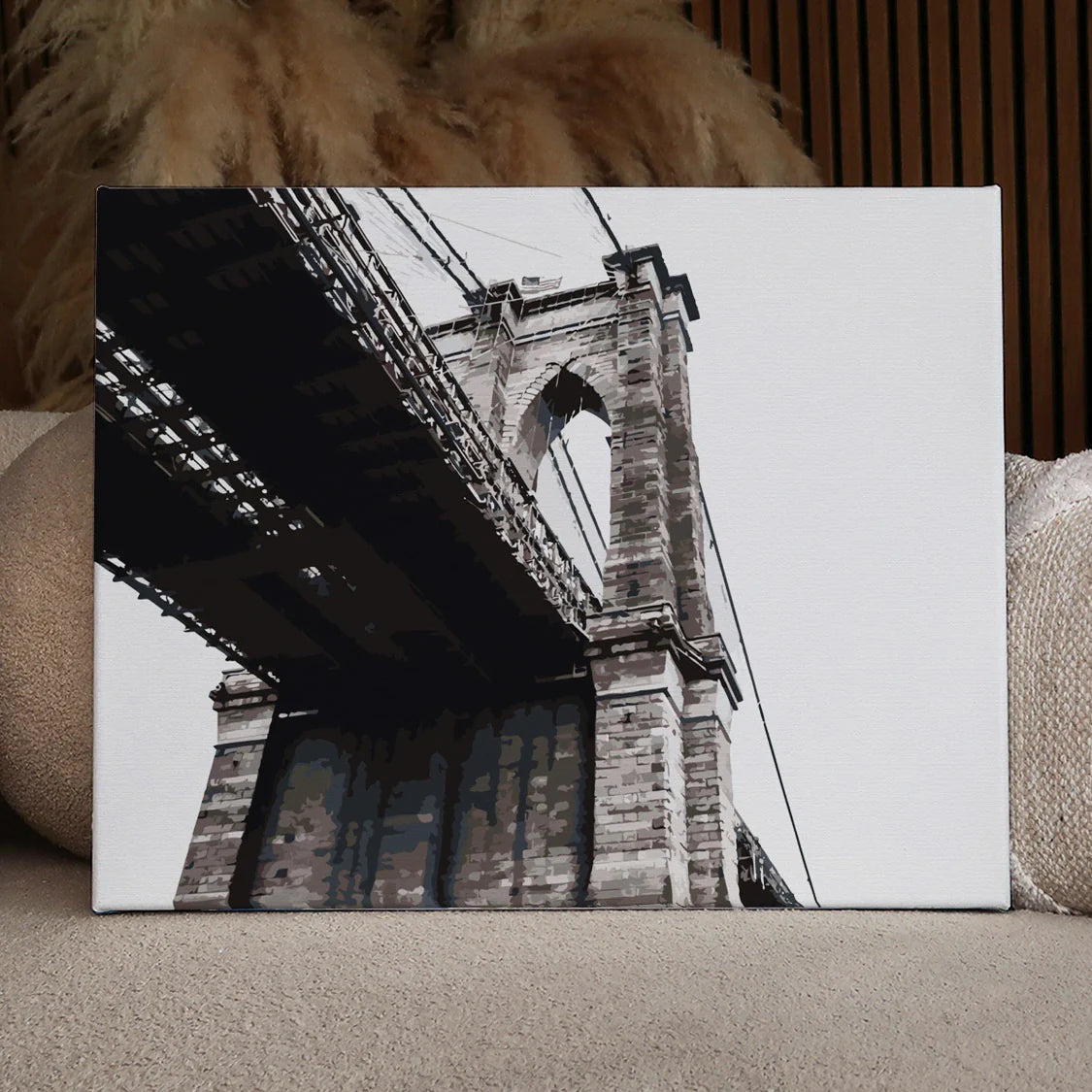 Painting of Brooklyn Bridge from a low-angle perspective in grayscale