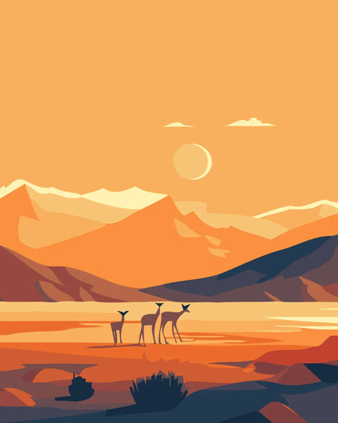 Painting of a desert landscape with mountains, deer, and a sunset