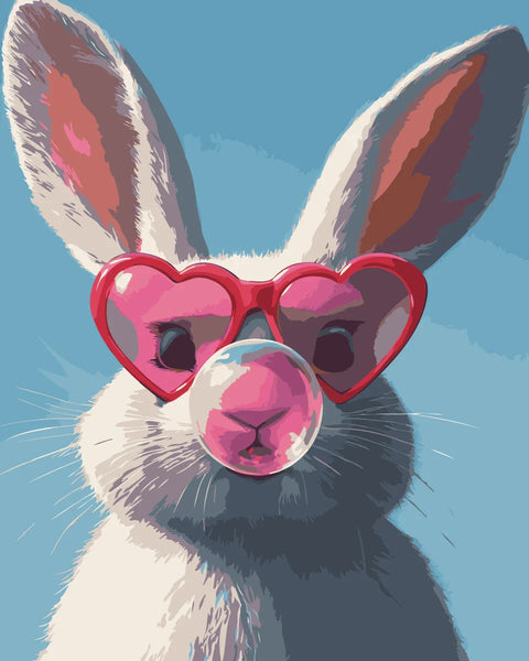 Bubble Bunny Paint by Numbers Kit featuring a trendy white rabbit with pink heart-shaped sunglasses and a bubblegum bubble.