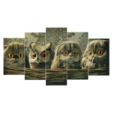 Painting of cats and an owl with intense orange eyes