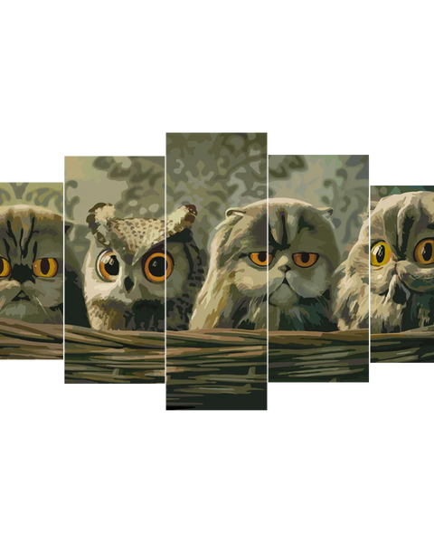 Painting of cats and an owl with intense orange eyes