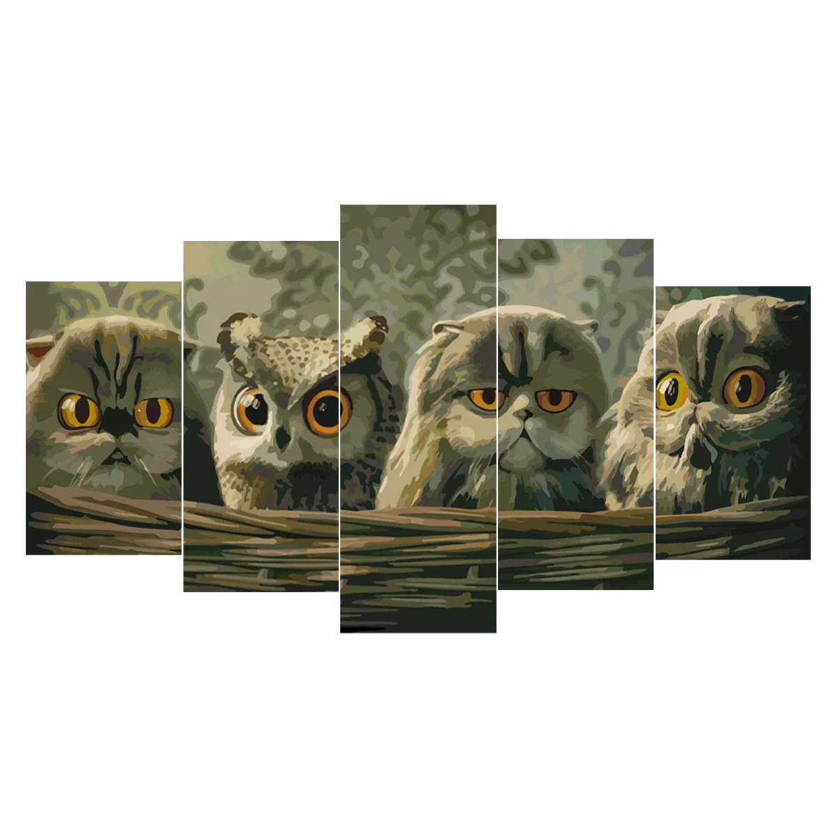 Painting of cats and an owl with intense orange eyes