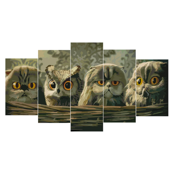 Painting of cats and an owl with intense orange eyes