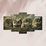 Painting of cats and an owl with intense orange eyes