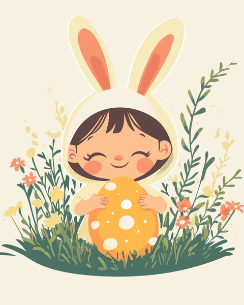 Bunny Hug Paint by Numbers Kit featuring a smiling child in bunny ears holding a polka-dotted Easter egg, surrounded by wildflowers.