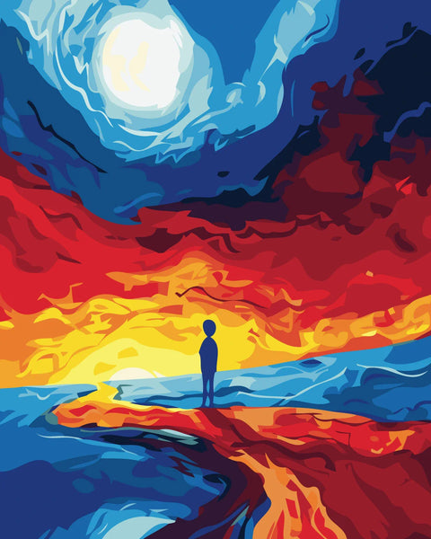 Painting of a lone figure standing under a vibrant sunset sky