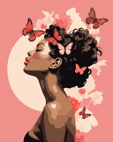 Painting of a woman with butterflies in her curly hair