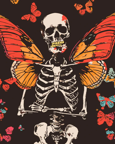 Painting of a skeleton with butterfly wings surrounded by butterflies
