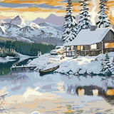 Painting of a cozy cabin in snowy mountains beside a lake