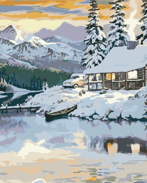 Painting of a cozy cabin in snowy mountains beside a lake