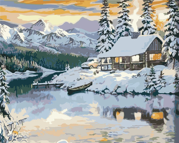 Painting of a cozy cabin in snowy mountains beside a lake