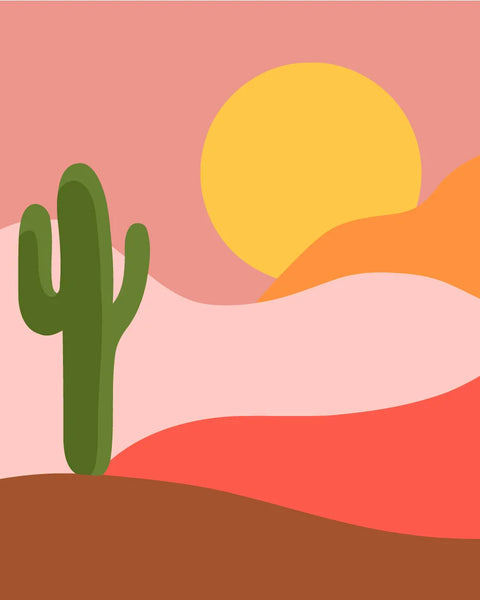 Painting of a desert landscape with a cactus and sunset