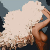 Elegant woman with voluminous white feathered headpiece in abstract style