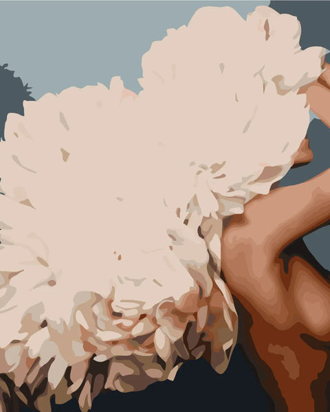 Elegant woman with voluminous white feathered headpiece in abstract style