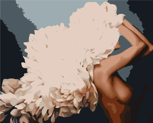 Elegant woman with voluminous white feathered headpiece in abstract style