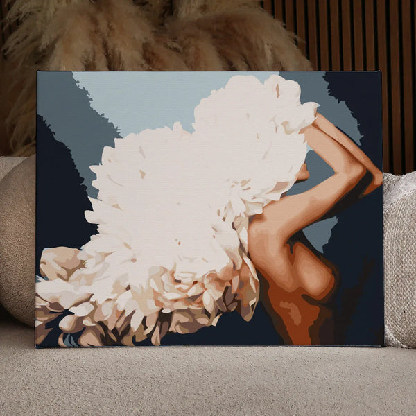 Elegant woman with voluminous white feathered headpiece in abstract style