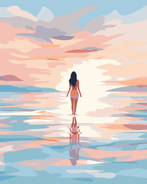 Woman walking on water towards the horizon under pastel sunset