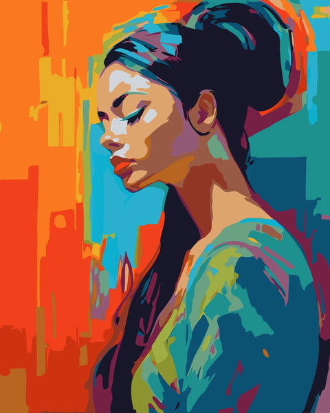 A colorful portrait of a woman with closed eyes and serene expression