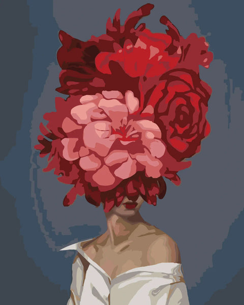 A woman with a floral headpiece covering her face stylishly
