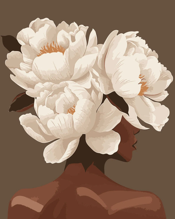 A woman with large white flowers covering her head elegantly