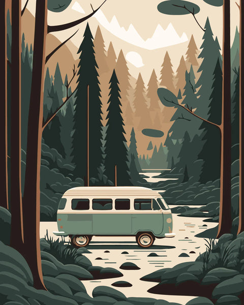 A vintage camper van parked in a scenic forest landscape
