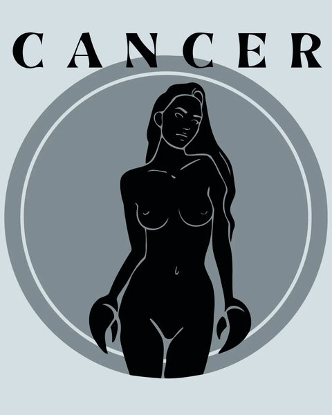 Minimalist Cancer zodiac artwork featuring a woman with crab claws